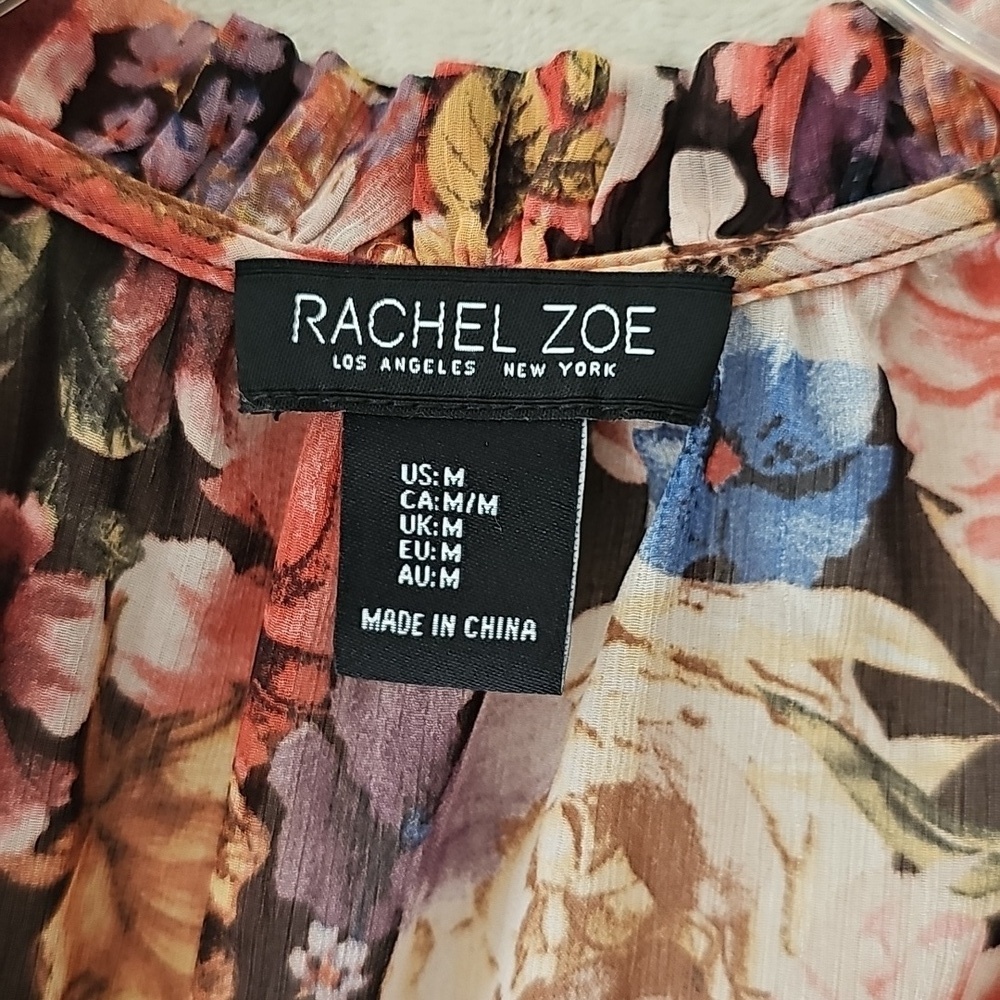 Rachel Zoe Whimsical Black Multicolor Sheer Floral Tie Neck Blouse M - Picture 2 of 5
